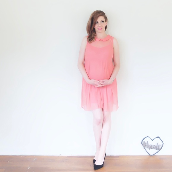 sheer peter pan collar dress coral pink orange - Picture 2 of 4